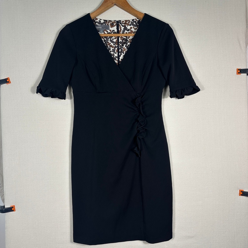 Donna Ricco Sheath Dress Womens 6P Black Ruffle Faux Wrap V-Neck 6562482P